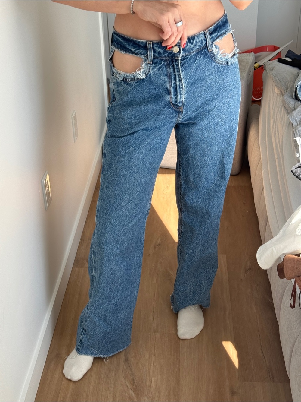 Zara Blue High-Rise Wide Leg Jeans with Front Cutouts